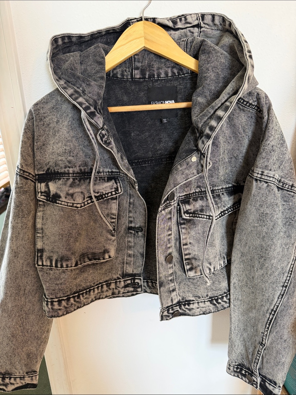 Fashion Nova Gray Washed Denim Crop Hooded Jacket